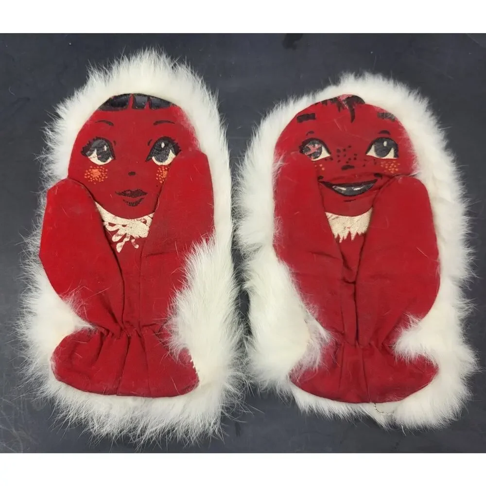 RARE 1950s Childs White/Red Fur/Leather Mittens and Wool Knit Cap YK